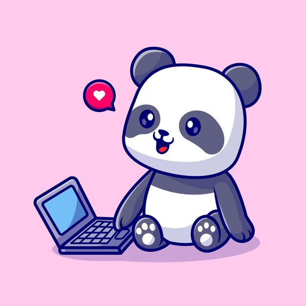 Cute Panda Playing On Laptop Cartoon Vector Icon Illustration Animal Technology Icon Isolated