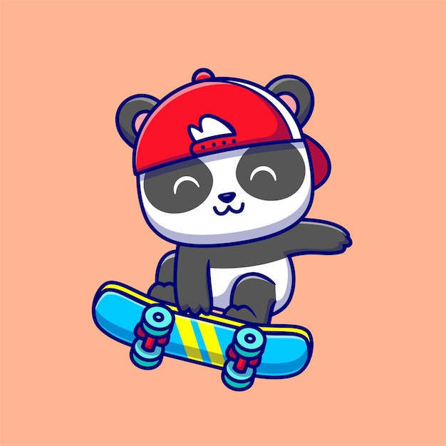 Милая панда, играя на скейтборде, мультяшный вектор значок иллюстрации. Концепция значка спорта животных, изолированных Premium векторы. Плоский мультяшном стиле