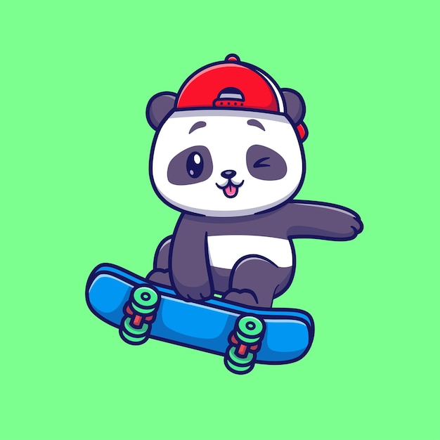 Симпатичная панда, играющая на скейтборде. Изолированная концепция иконы спорта животных Premium вектор. Плоский мультяшный стиль