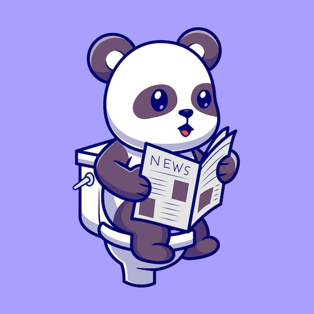 Cute panda reading newspaper on toilet cartoon vector icon illustration. animal nature icon concept isolated premium vector. flat cartoon style