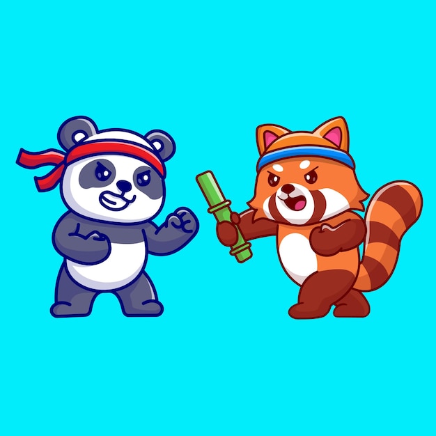 Cute panda and red panda fighting cartoon vector icon
illustration. animal nature icon isolated flat