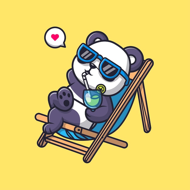 Cute panda relaxing on bench and drink orange juice cartoon vector icon illustration. animal holiday