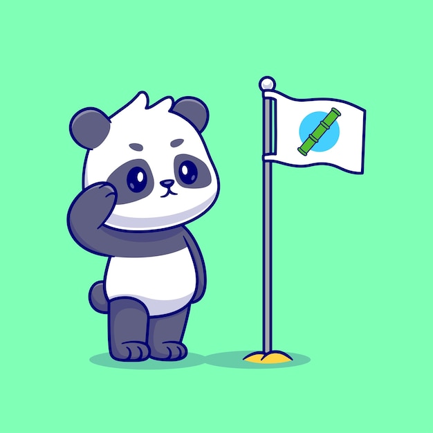 Free vector cute panda respect bamboo flag cartoon vector icon illustration animal nature icon concept isolated