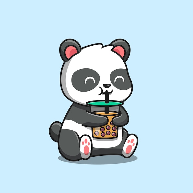 Cute Panda Sipping Boba Milk Tea Cartoon Icon Illustration. Animal Food Icon Concept Isolated  . Flat Cartoon Style