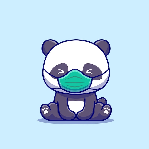 Cute panda sitting and wearing mask cartoon   icon illustration. animal healthy icon concept isolated  . flat cartoon style