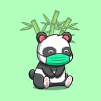 Free vector cute panda sitting and wearing mask with bamboo cartoon vector  illustration. animal nature  concept isolated premium vector. flat cartoon style