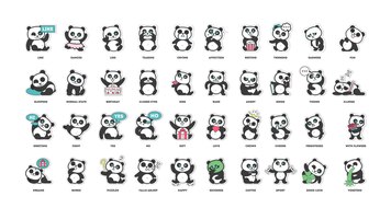 免费矢量可爱的熊猫贴纸收集在不同的姿势不同情绪向量插图