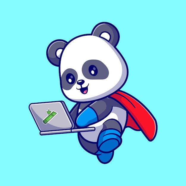 Cute panda super hero playing laptop cartoon vector icon illustration. animal technology icon flat