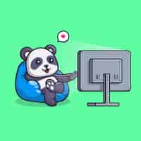 Free vector cute panda watching tv cartoon vector icon illustration. animal technology icon concept isolated