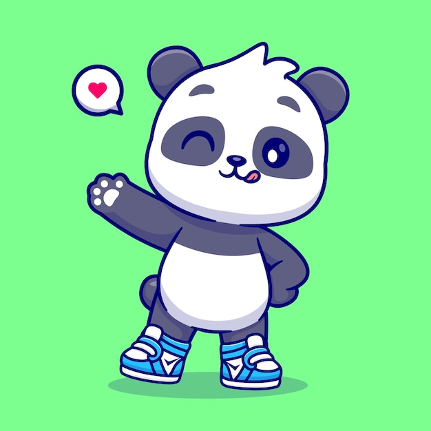Cute Panda Wearing Shoes And Waving Hand Cartoon Vector Icon Illustration Animal Nature Isolated