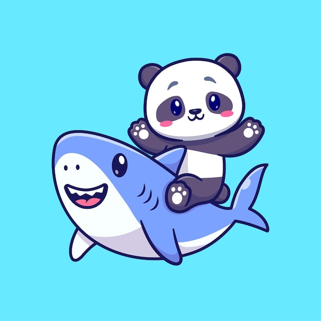 Cute Panda With Cute Shark Cartoon Vector Icon Illustration. Animal Nature Icon Concept Isolated Premium Vector. Flat Cartoon Style