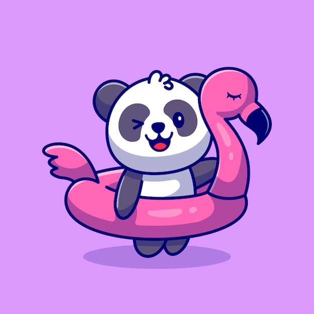 Cute Panda With Flamingo Tires Cartoon Icon Illustration. Animal Holiday Icon Concept Premium. Flat Cartoon Style