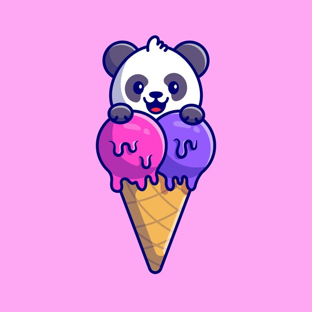 Милая панда с мороженым мультфильм значок иллюстрации. Концепция значок корм для животных Премиум. Плоский мультяшном стиле