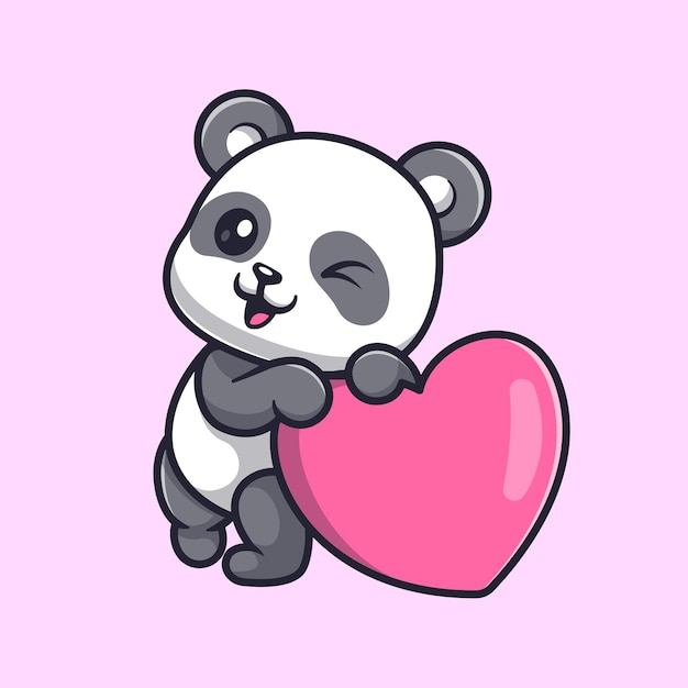 Simpatico panda con cuore d'amore cartoon icona vettore illustrazione concetto di icona amore animale piatto isolato