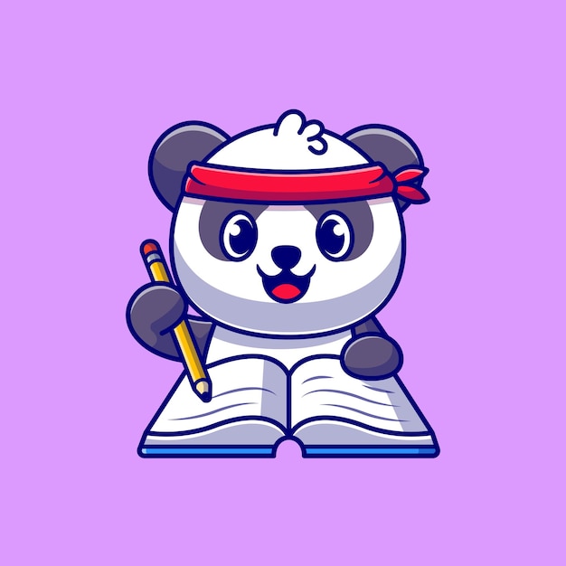 Cute Panda Writing On Book With Pencil Cartoon Icon Illustration.