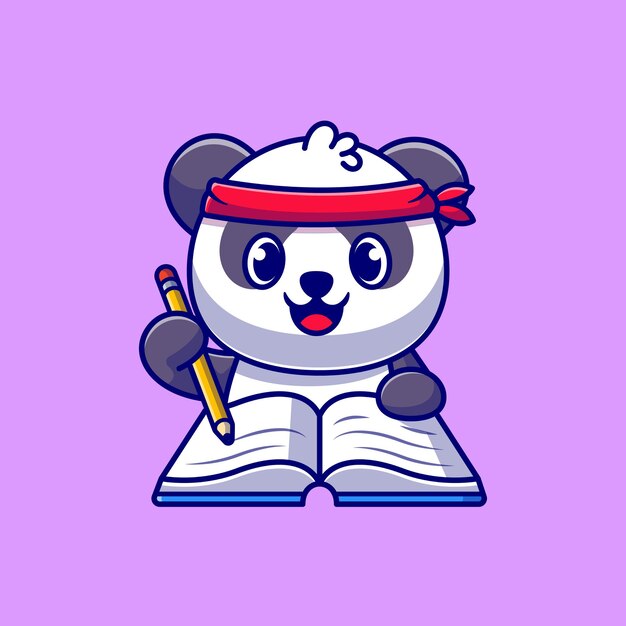 Cute Panda Writing On Book With Pencil Cartoon Icon Illustration.