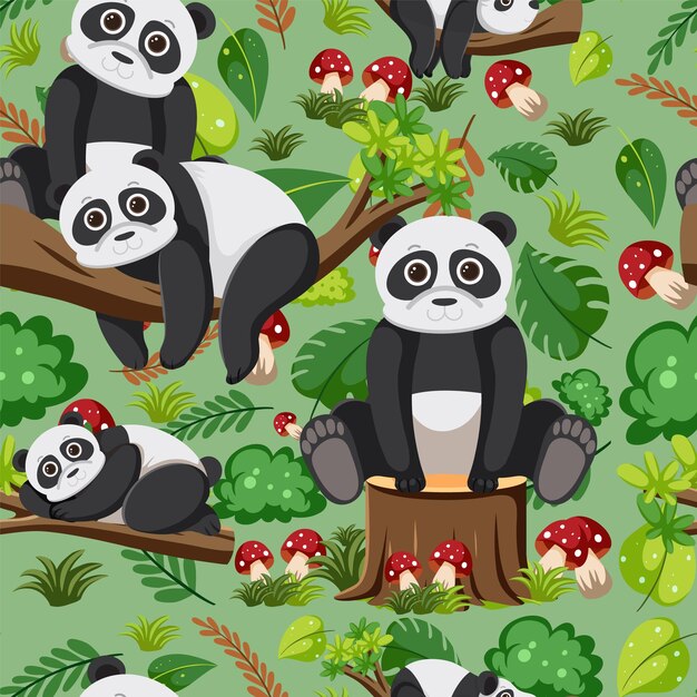 Free vector cute pandas seamless pattern