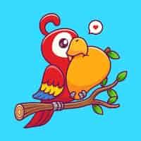 Free vector cute parrot bird eating mango on branch cartoon vector icon illustration animal nature icon concept