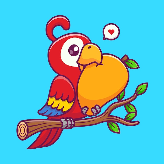 Симпатичная птица-попугай, поедающая манго на ветке Мультфильм Векторная икона Иллюстрация Животная природа Икона Концепция