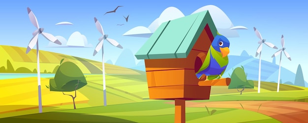 Cute parrot in birdhouse, fields and wind turbines