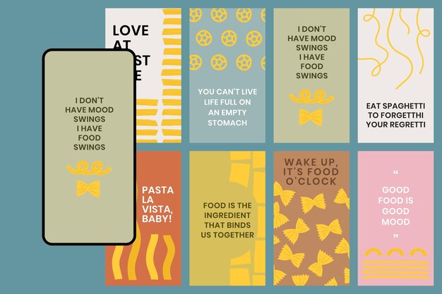 Cute pasta doodle template vector with food quote social media story collection