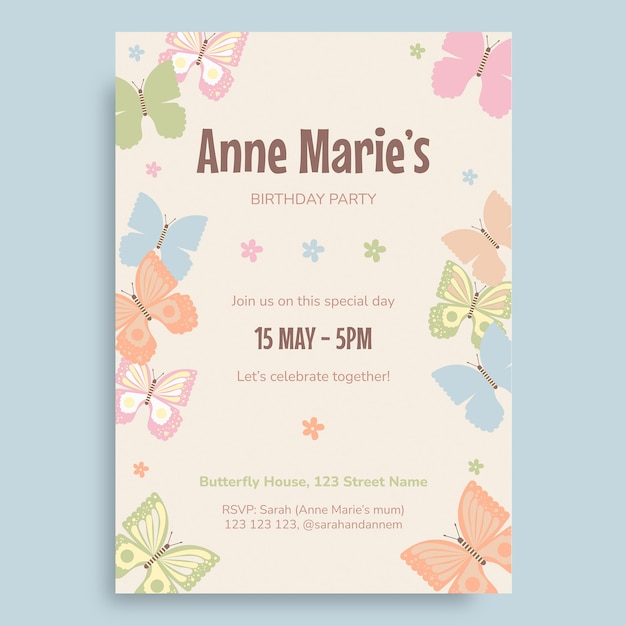 Free vector cute pastel butterfly invitation template