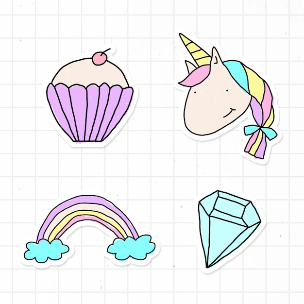 Free vector cute pastel doodle sticker with a white border set on a grid background vector