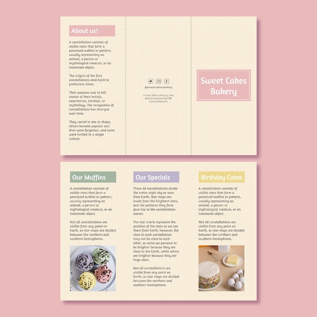 Free vector cute pastel sweet cakes bakery brochure