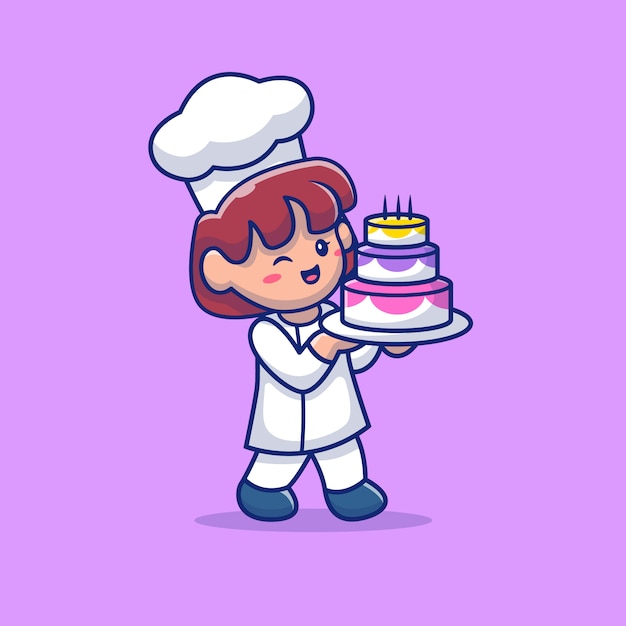 誕生日ケーキのイラストがかわいいパティシエ 職業分離コンセプト フラット漫画スタイル プレミアムベクター