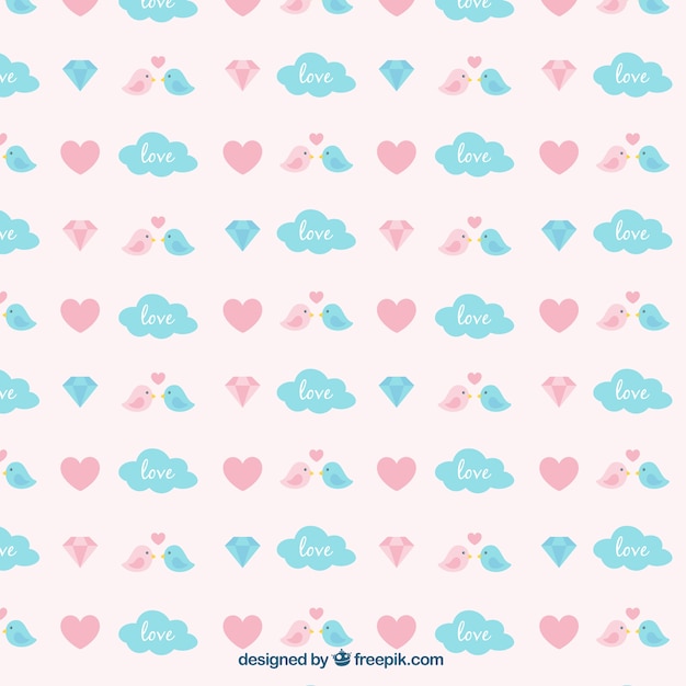 Cute pattern with birds and blue clouds for valentine's day