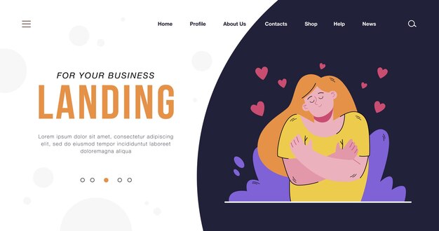 Cute peaceful woman hugging her shoulders flat landing page