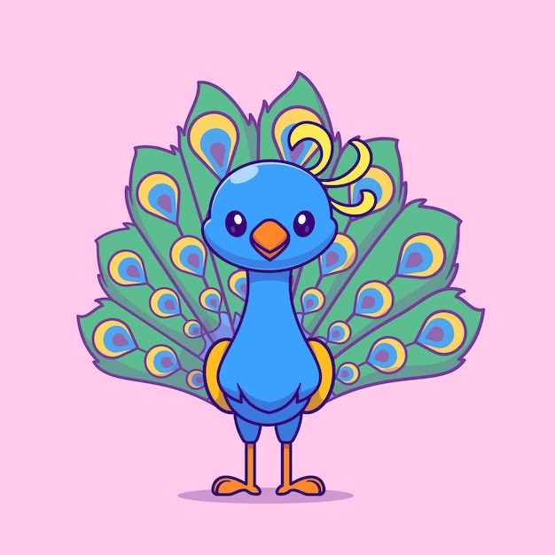 Vettore gratuito cute peacock bird cartoon vector icon illustration animal nature icon isolato flat vector