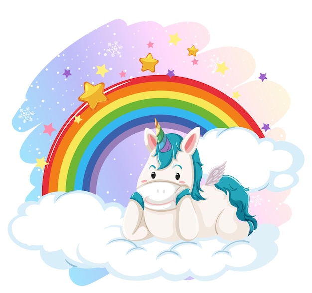 Free vector cute pegasus in the pastel sky with rainbow