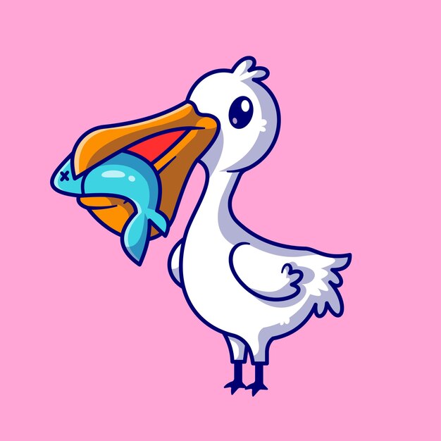 Cute Pelican Bird Eat Fish Cartoon Vector Icon Illustration. Animal Nature Icon Concept Isolated Premium Vector. Flat Cartoon Style