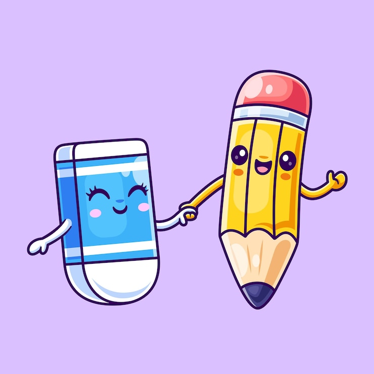 Free Vector cute pencil holding hand with eraser cartoon vector icon illustration education object isolated