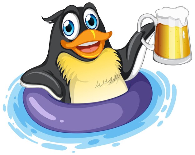 Cute penguin cartoon character drinking beer