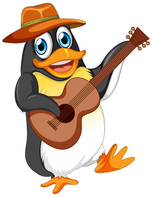 Cute penguin cartoon character playing guitar