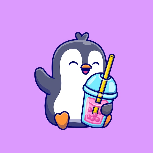 かわいいペンギンがミルクティーを飲むボバ漫画アイコンイラスト 動物の飲み物のアイコンの概念が分離されました フラット漫画スタイル プレミアムベクター