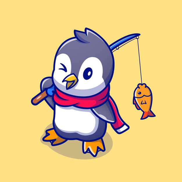 Cute Penguin Fishing Cartoon Character. Animal Nature Isolated.