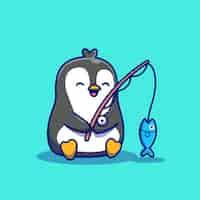 Free vector cute penguin fishing cartoon illustration