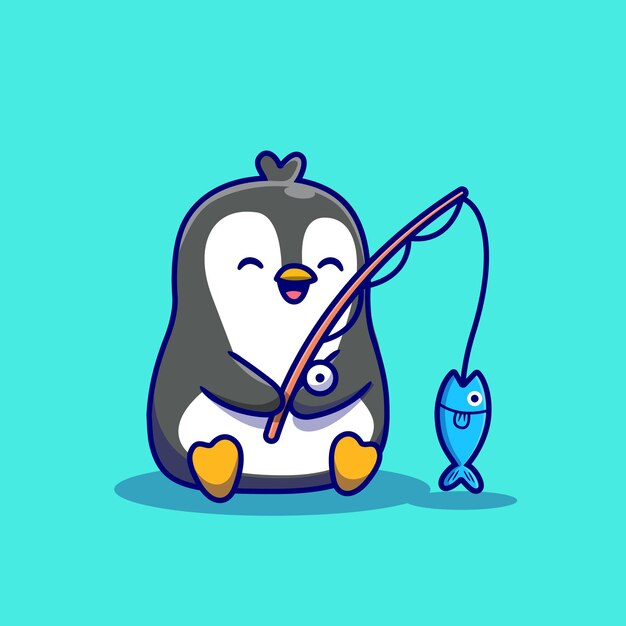 Cute Penguin Fishing Cartoon Illustration