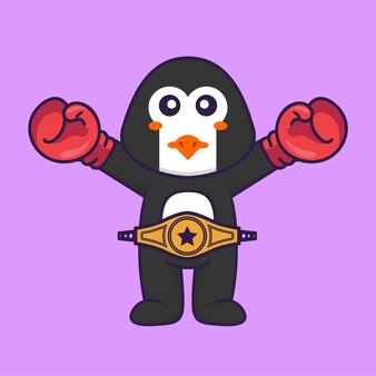 Милый пингвин в костюме боксера с поясом чемпиона. концепция животных мультфильм изолированы.