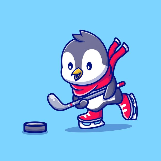 Cute Penguin Playing Hockey Cartoon Character. Animal Sport Isolated.