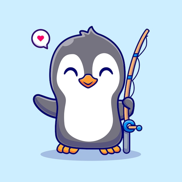 釣り竿とかわいいペンギン漫画ベクトルアイコンイラスト動物の性質アイコンコンセプト分離