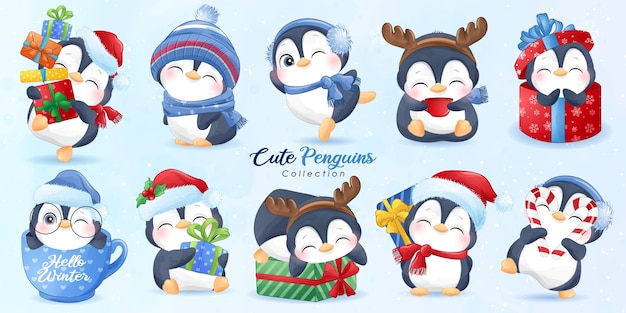 Cute  penguins set for christmas day with watercolor illustration