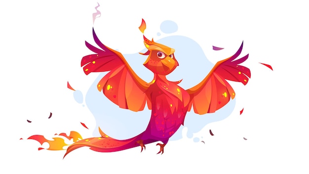 Cute phoenix character with fire on feathers