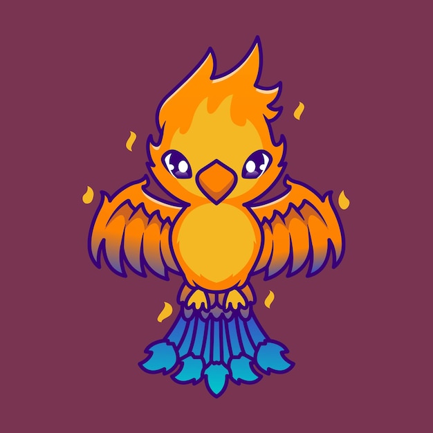 Cute Phoenix Fire Bird Cartoon Vector Icon Illustration. Animal Nature Icon Concept Isolated Premium