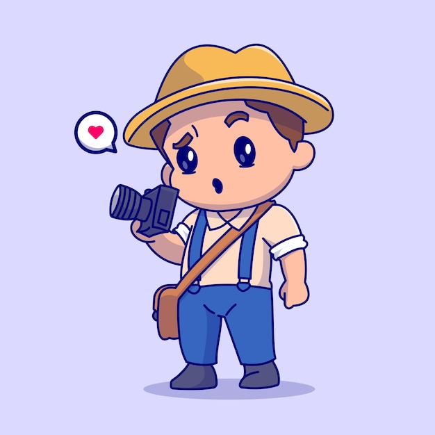 Cute photographer holding camera cartoon vector icon illustration. people technology isolated flat