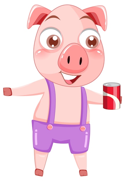 Cute pig cartoon character holding soda can