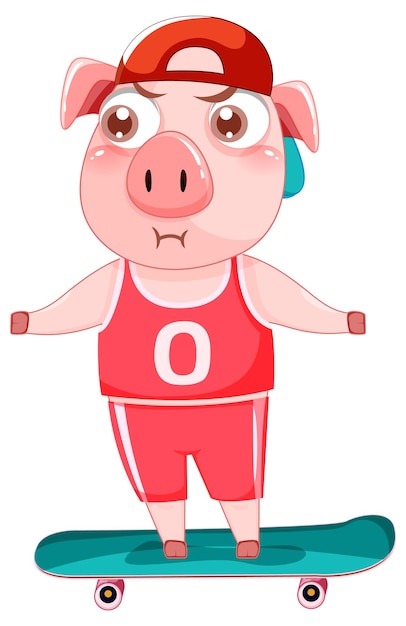 Бесплатное векторное изображение Милый мультипликационный персонаж свиньи, играющий на скейтборде